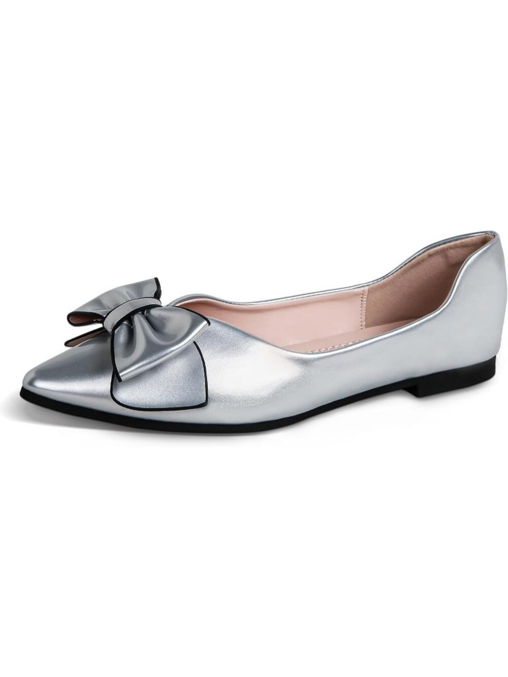 Women's Sliver Leather Comfortable Bow Pointed Toe Slip On Ballet Flats Shoes